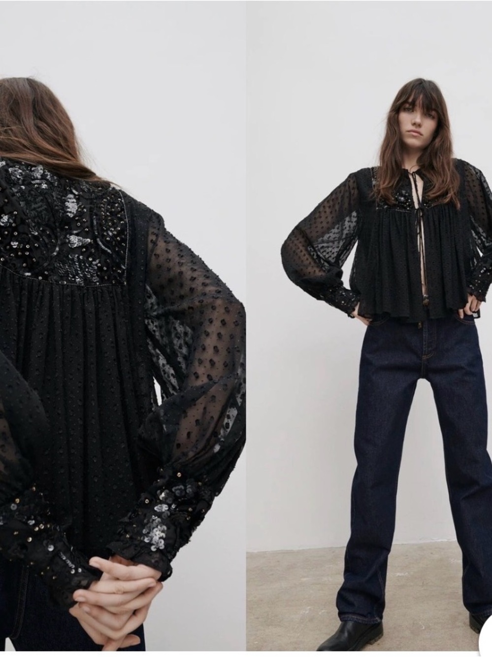 Zara Black Sheer Sequin Tie-Front Blouse